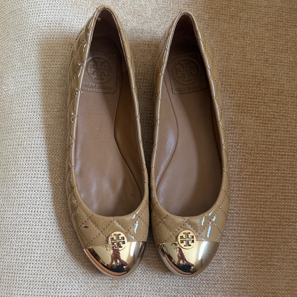 Tory Burch Gold Cap Toe Quilted Flats